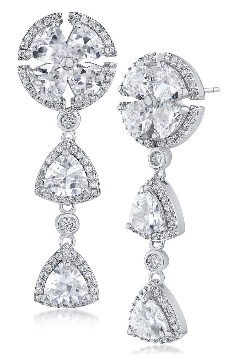 Trillion Cut Cubic Zirconia Linear Drop Earrings, Main, color, CLEAR SILVER