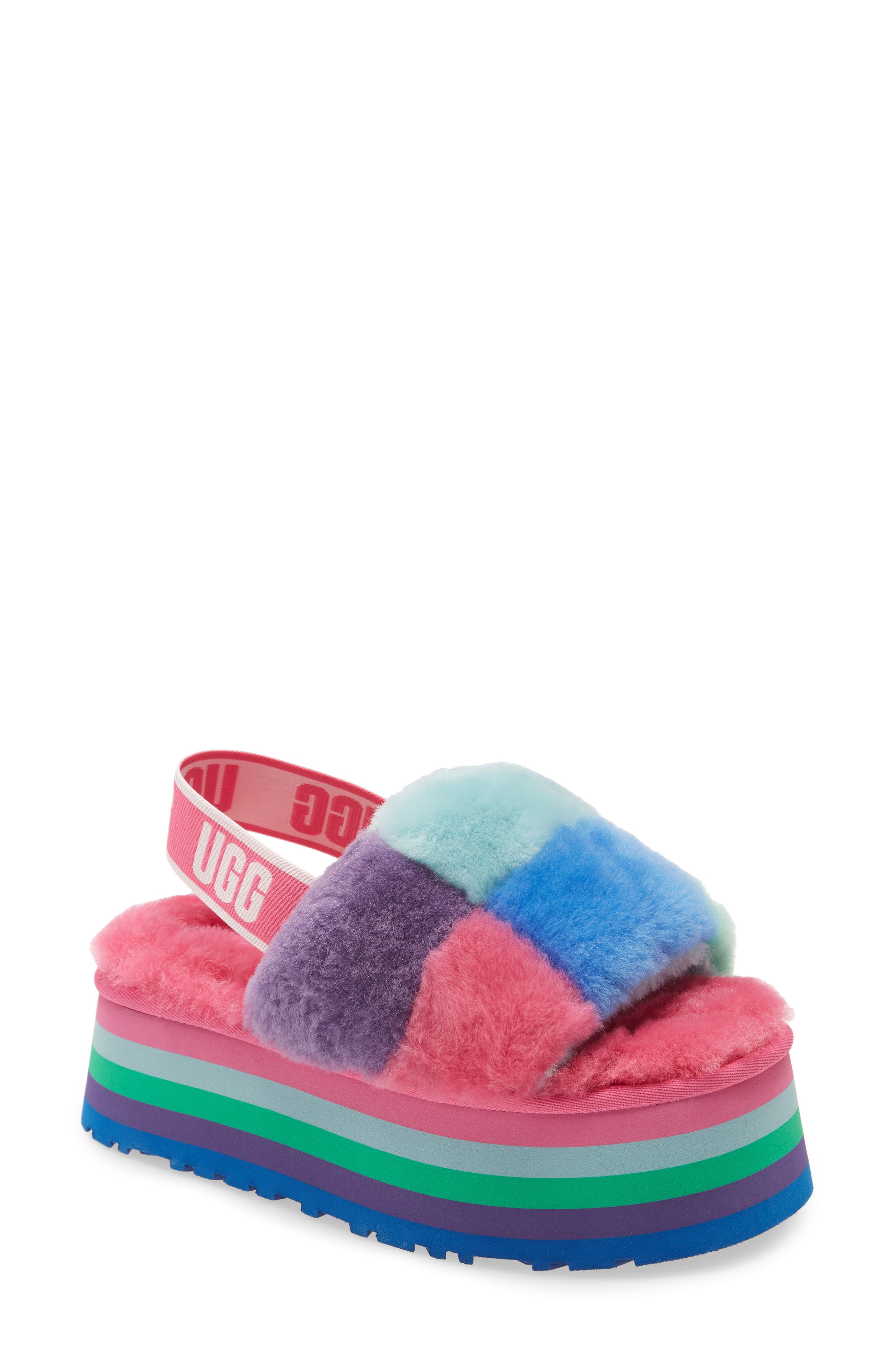 Disco Check Genuine Shearling Slingback Platform Slipper, Main, color, PRIDE STRIPES
