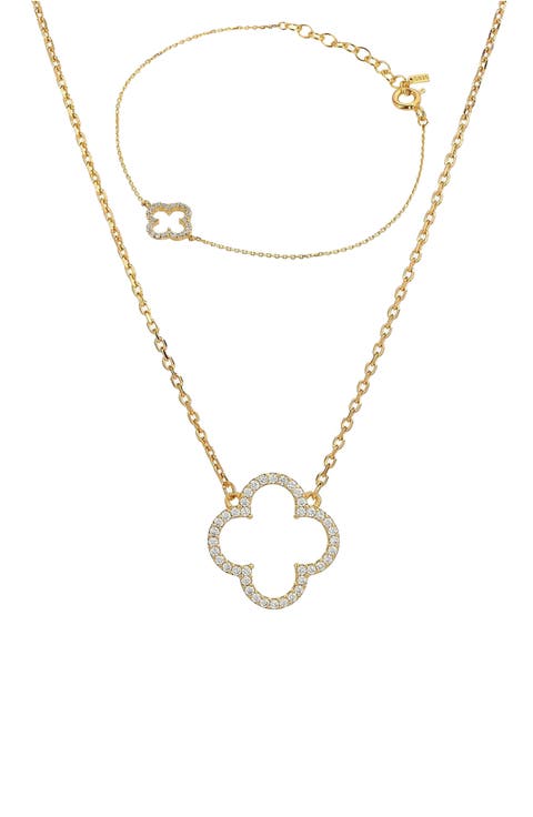 Sterling Silver 18k Gold Plated Aria Clover Necklace & Bracelet Set Holiday Gift Idea