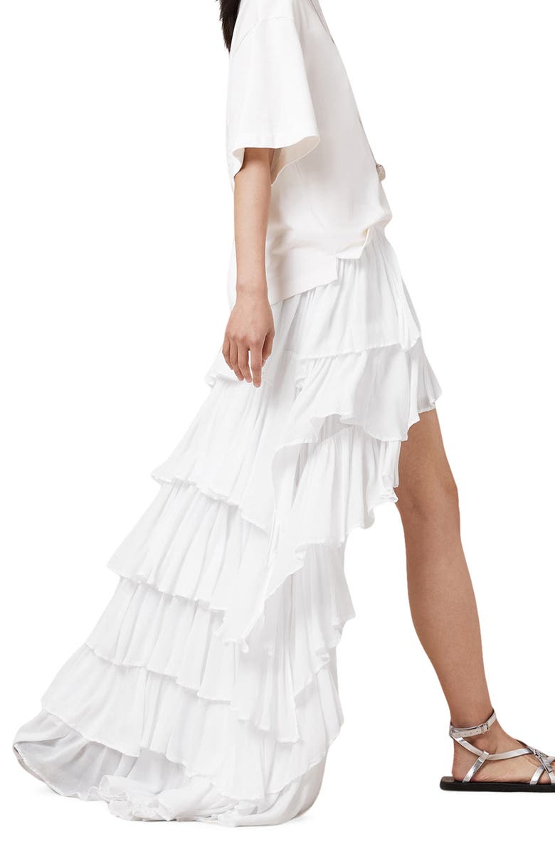 AllSaints Cavarly Layered Ruffle High-Low Maxi Skirt, Alternate, color, Snow White