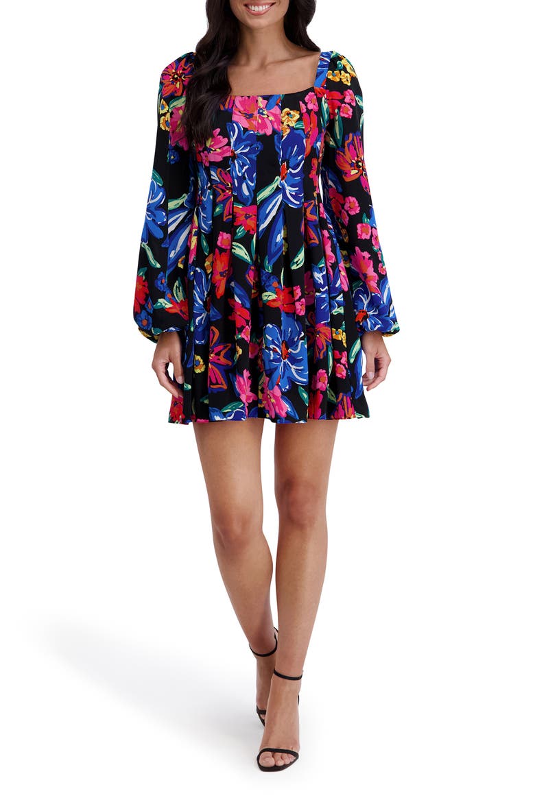 Floral Square Neck Long Sleeved Minidress, Main, color, BLACK MULTI