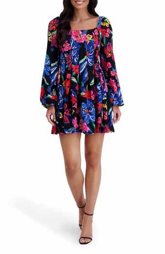 Floral Square Neck Long Sleeved Minidress