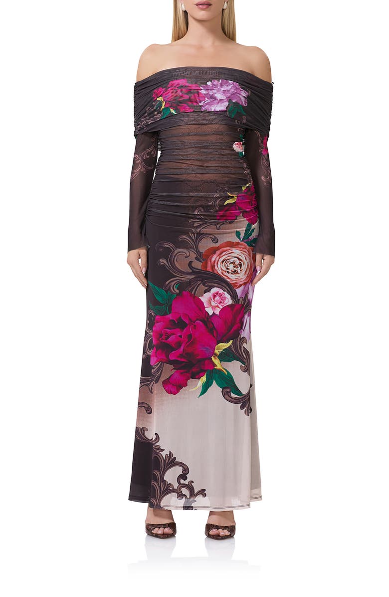 AFRM Polly Off the Shoulder Long Sleeve Mesh Maxi Dress, Main, color,