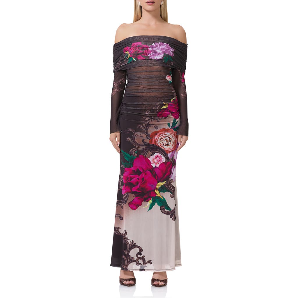 Afrm Polly Off The Shoulder Long Sleeve Mesh Maxi Dress