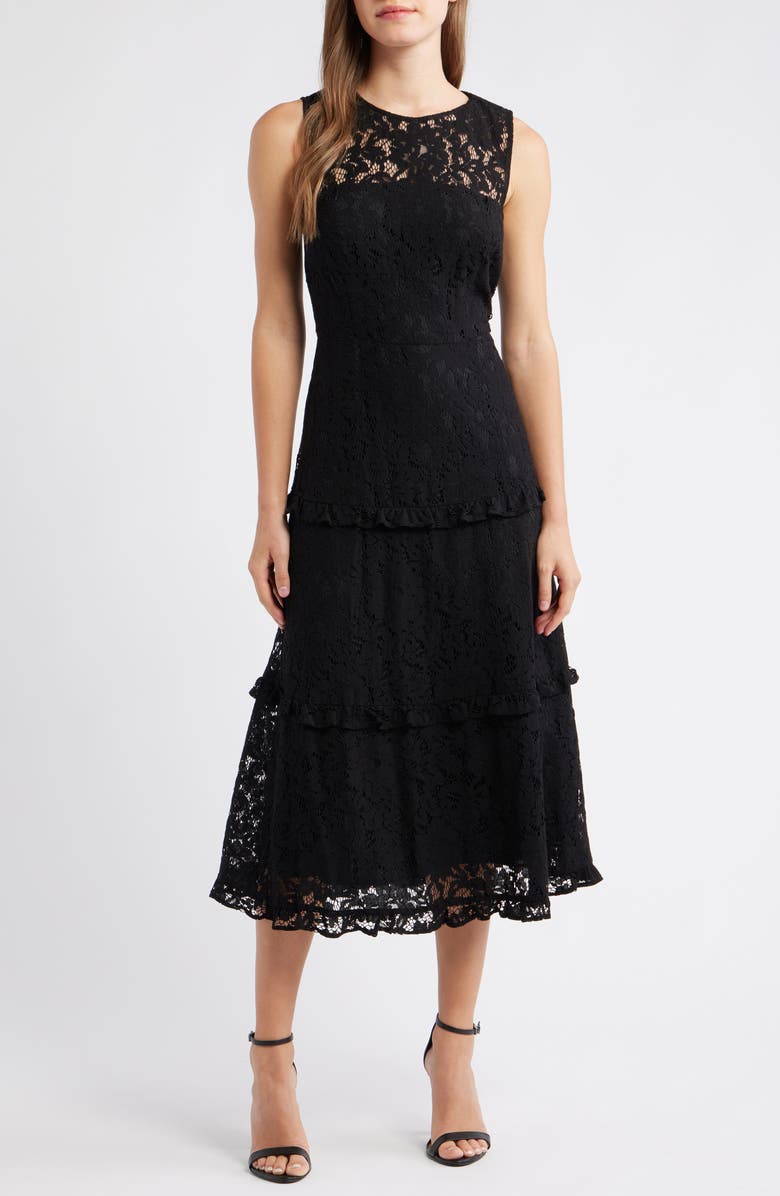 Anne Klein Sleeveless Tiered Ruffle Lace Midi Dress, Main, color, Anne Black
