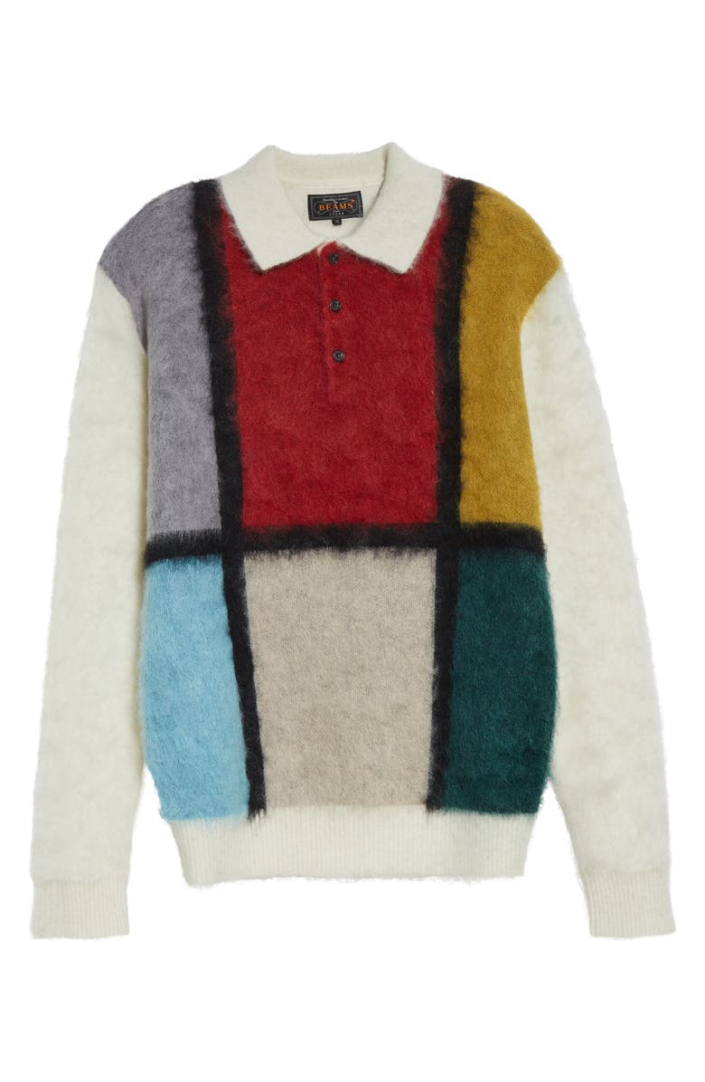 BEAMS Shaggy Wool & Mohair Blend Polo Sweater, Main, color, White