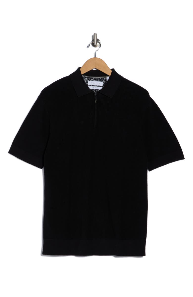 DENIM AND FLOWER Textured Quarter Zip Cotton Knit Polo, Alternate, color, Black