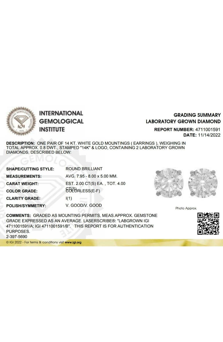 Bliss Diamond 4 Ct T.W. Round Diamond Screw Back Studs 14k Gold Lab Grown, Alternate, color, 14K White Gold