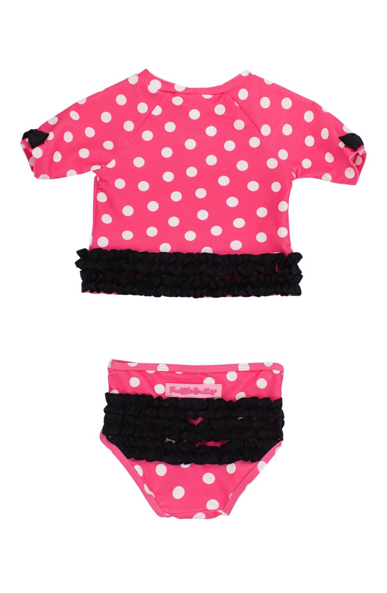 RuffleButts Classic Bow Short Sleeve UPF50 Rash Guard 2-Piece Swimsuit with Signature Rear Ruffles, Alternate, color, Hot Pink Polka Dot