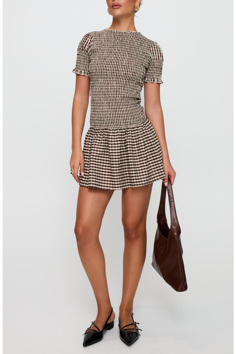 Laurita Gingham Smocked Minidress, Main, color, BROWN CHECK
