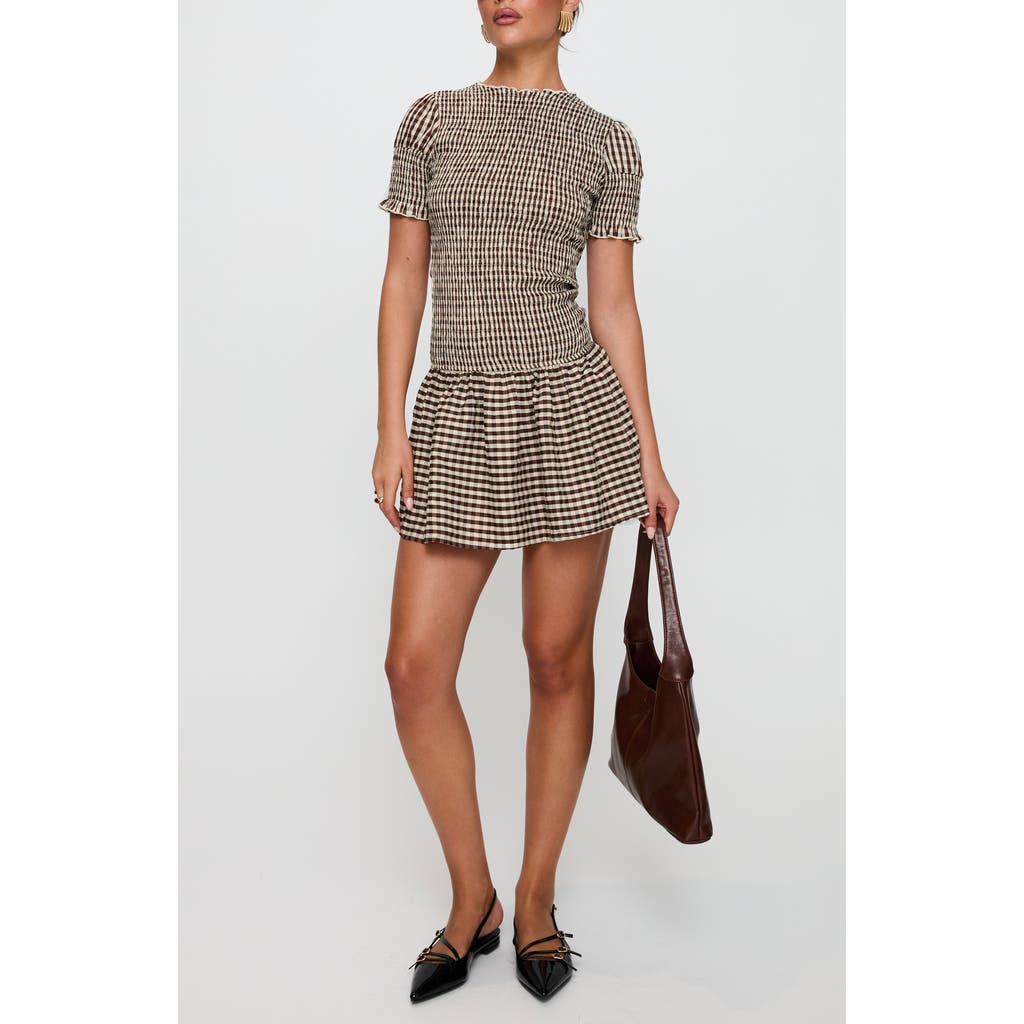 Princess Polly Laurita Gingham Smocked Minidress In Brown