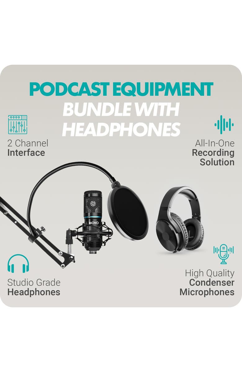 MOVO PodKit2AH Podcast Equipment Bundle for 2 Condenser Microphone Kit with USB Audio Interface for Computers, Alternate, color, Black