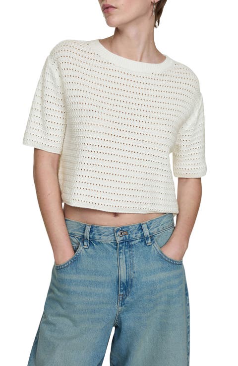 Open Stitch Short Sleeve Crop Cotton Sweater