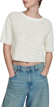 MANGO Open Stitch Short Sleeve Crop Cotton Sweater