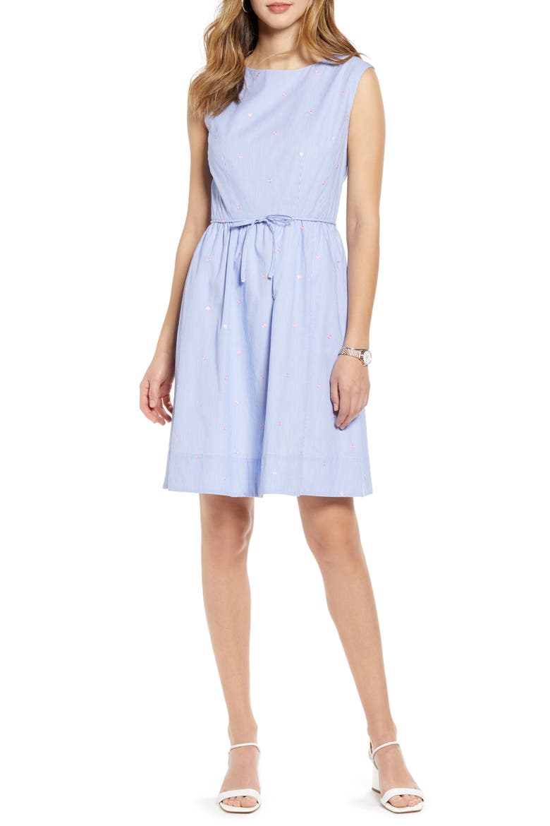 Pinstripe Embroidered Sleeveless Cotton Poplin Dress, Main, color, BLUE- PINK STRIPE DOT
