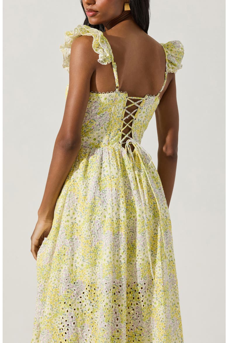wedelia floral bustier ruffle midi dress ASTR the Label | Wedelia Floral Bustier Midi Dress in Cream Purple Floral