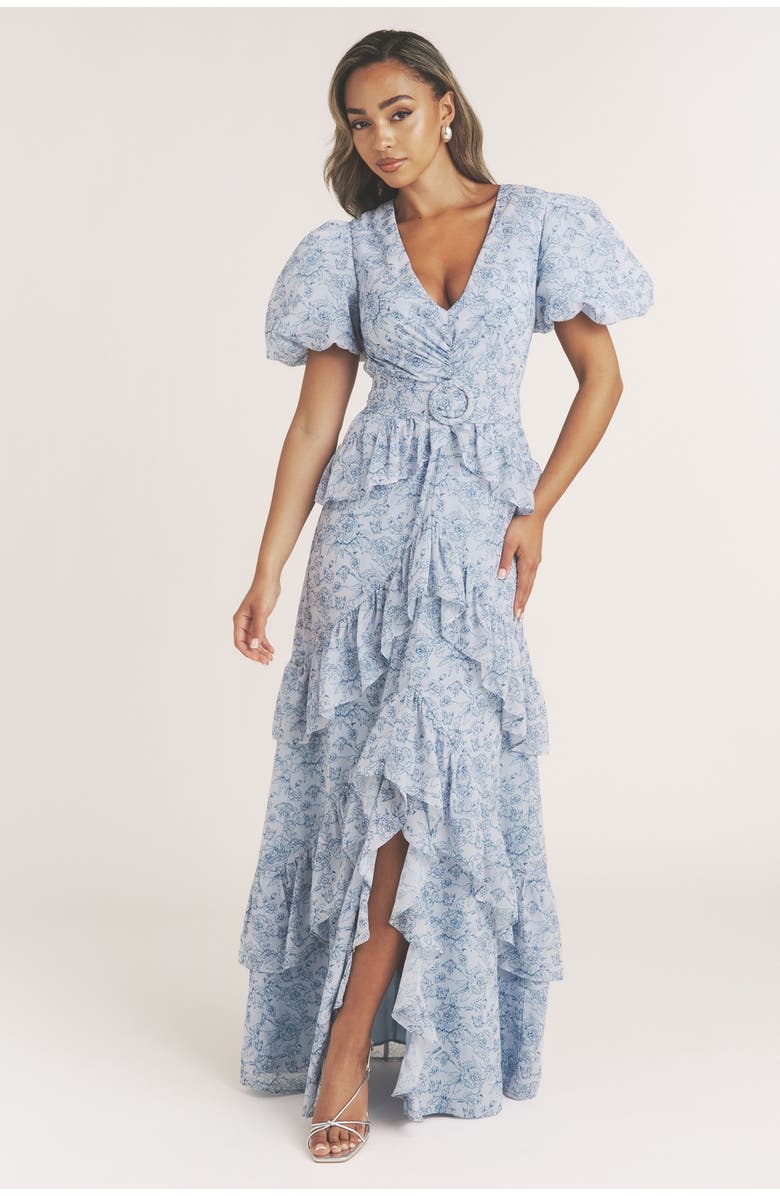 Six Stories Freya Floral Belted Ruffle Maxi Dress, Main, color, Pale Blue