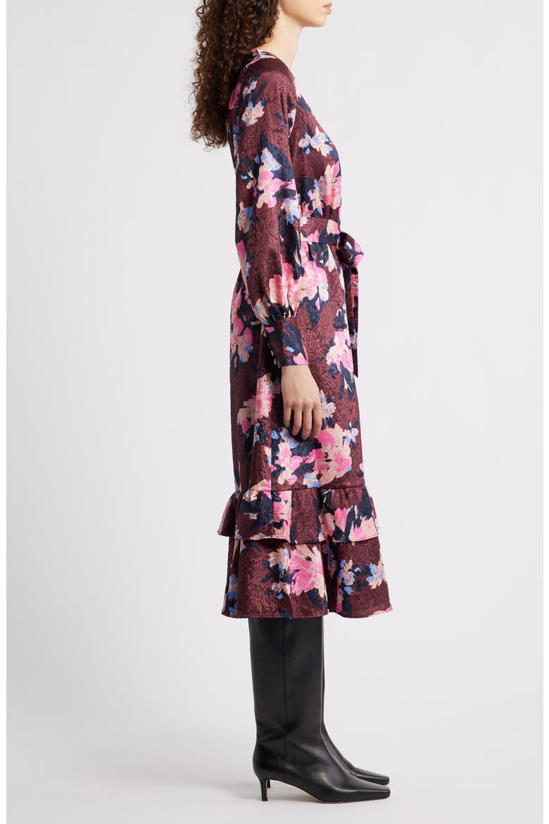 Ruffle Tie Waist Long Sleeve Midi Dress, Alternate, color, BURGUNDY- BLUE GEORGIA BLOOMS