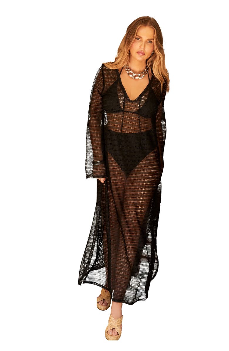 Swimsuits for All Lightweight Crochet V-Neck Dress Cover Up, Main, color, Black
