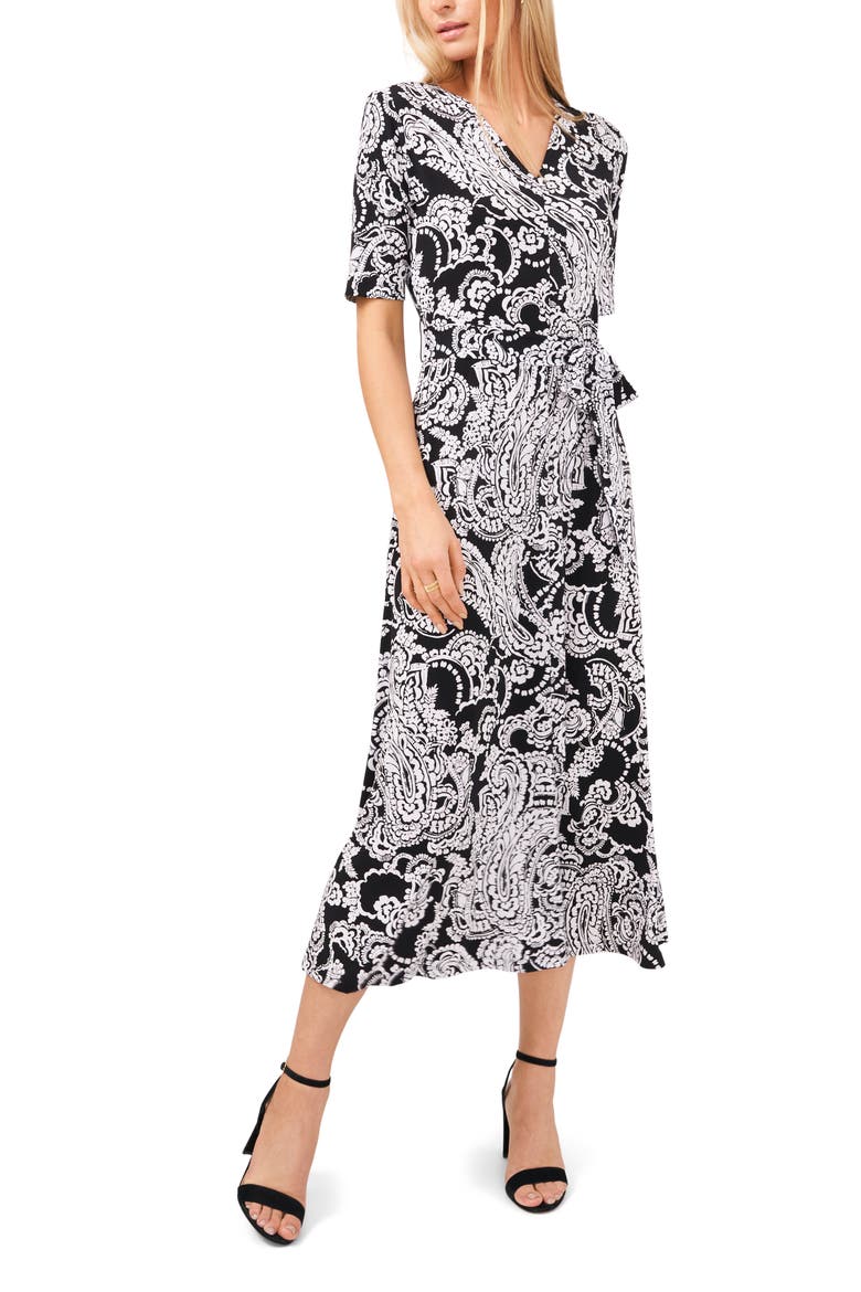 Paisley Tie Waist Midi Dress, Main, color, BLACK/WHITE