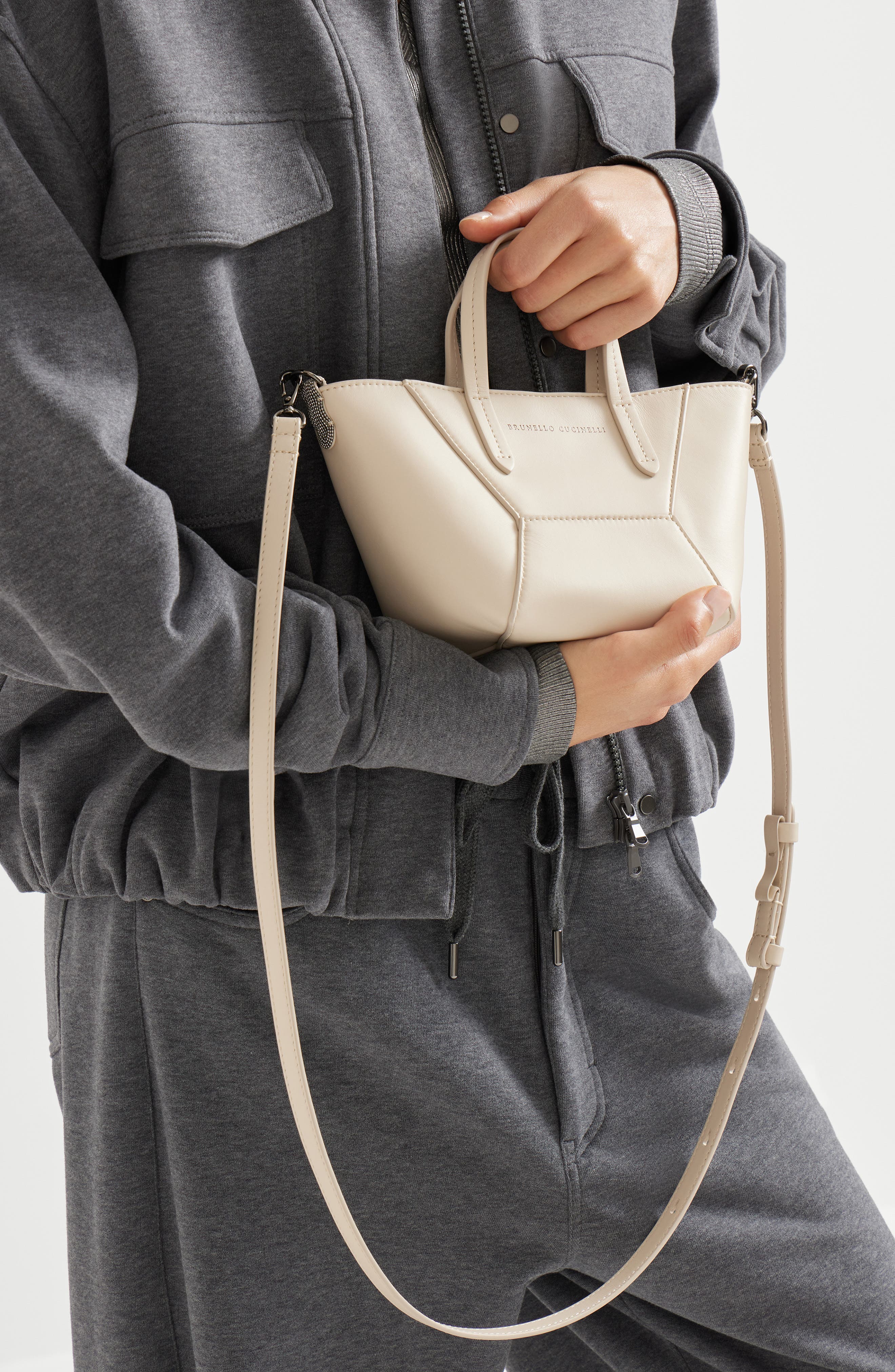 Brunello Cucinelli Calfskin mini BC Duo bag, Alternate, color, Ivory