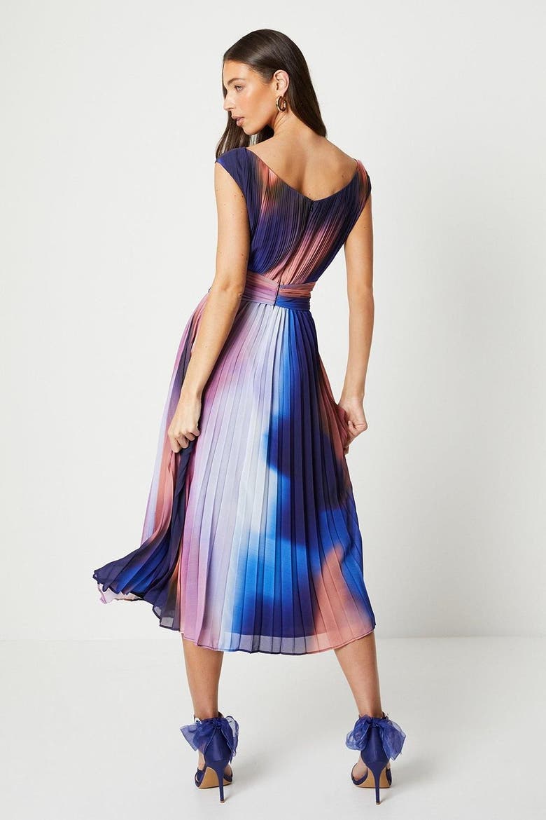 Printed Pleated V-Neck Midi Dress, Alternate, color, Multi