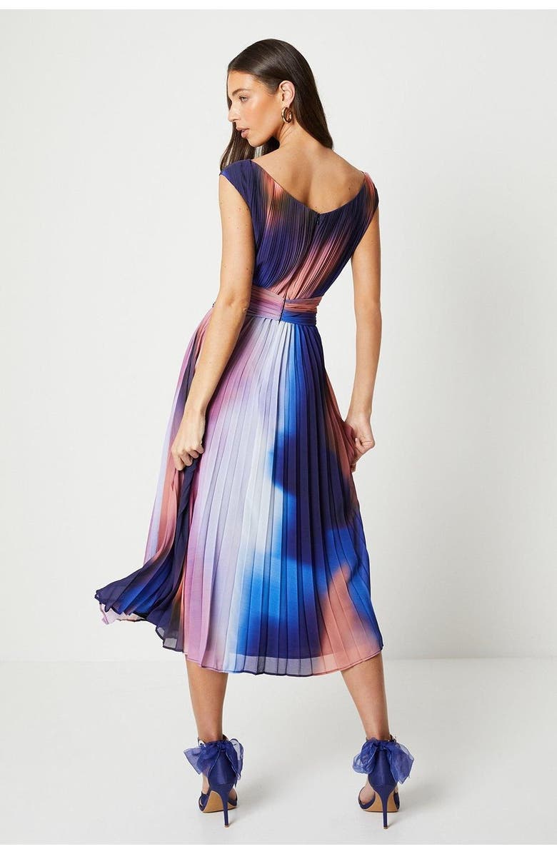 Coast Printed Pleated V-Neck Midi Dress, Alternate, color, Multi