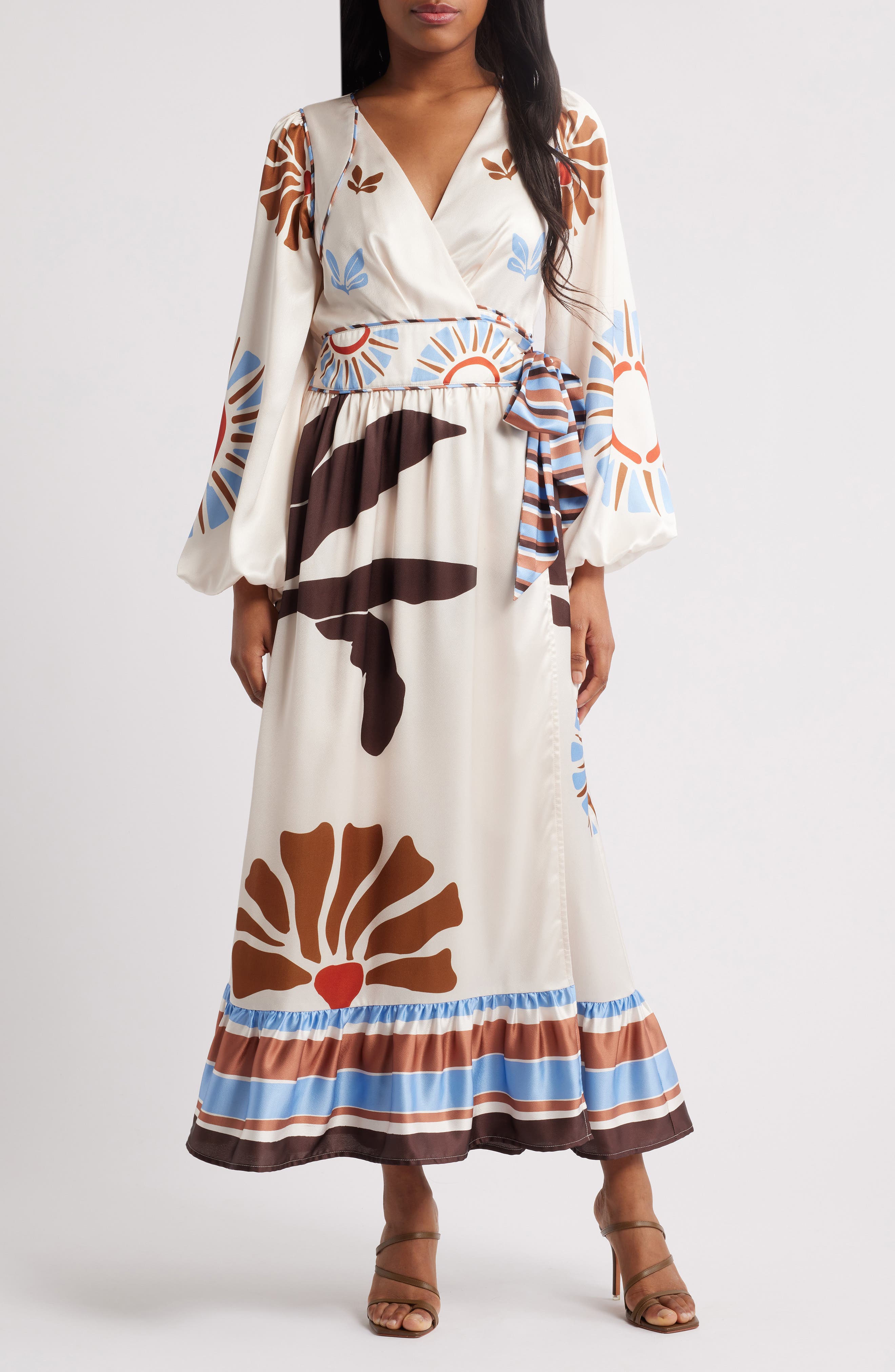 CIEBON Willow Print Long Sleeve Satin Maxi Dress