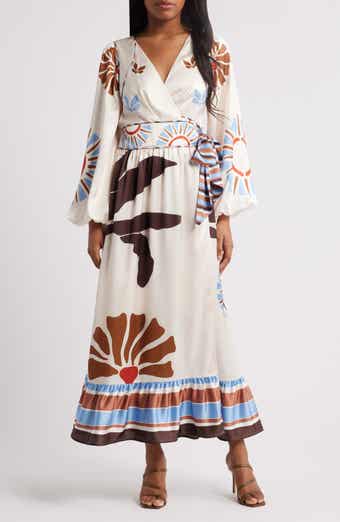 CIEBON Willow Print Long Sleeve Satin Maxi Dress