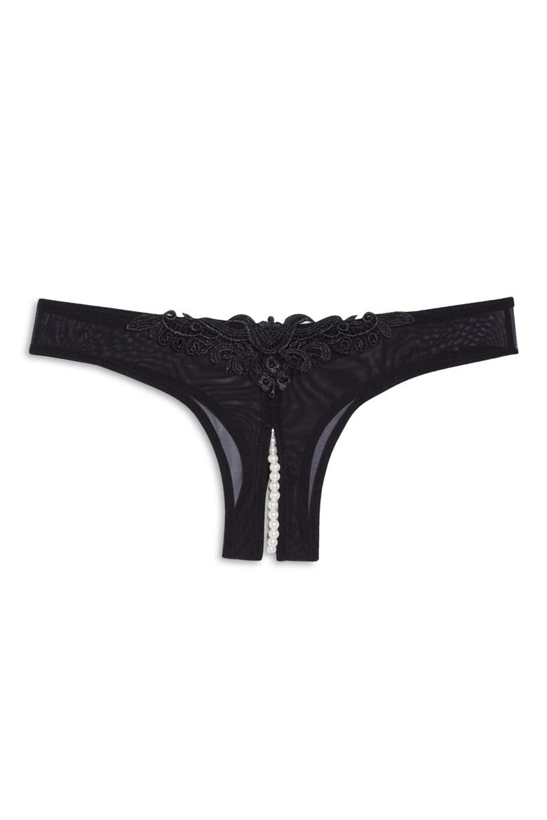 Pearl Trim Open Gusset Mesh Thong, Alternate, color, BLACK