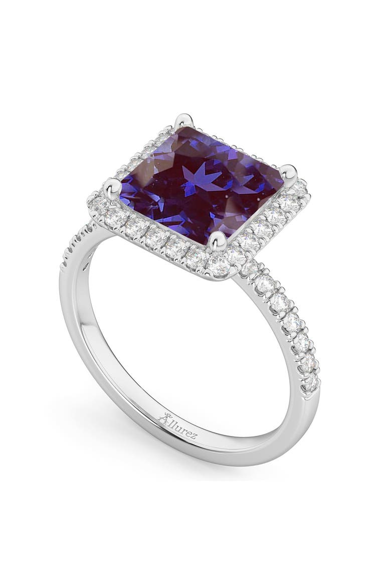 Princess Cut Halo Lab Alexandrite & Diamond Engagement Ring 14K, Alternate, color, 3.47ct/White Gold