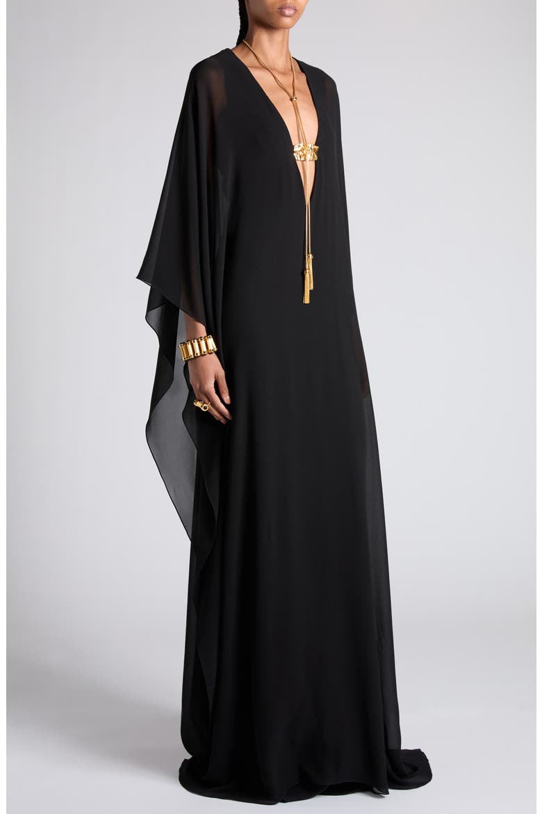 Plunge Neck Silk Georgette Gown, Alternate, color, BLACK