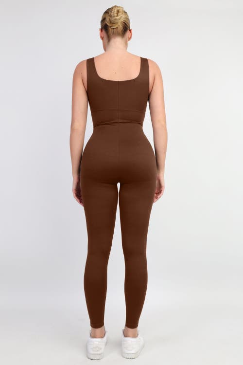 Popilush Shapewear Square Neck Thigh Slimming Workout Jumpsuit In Chocolate