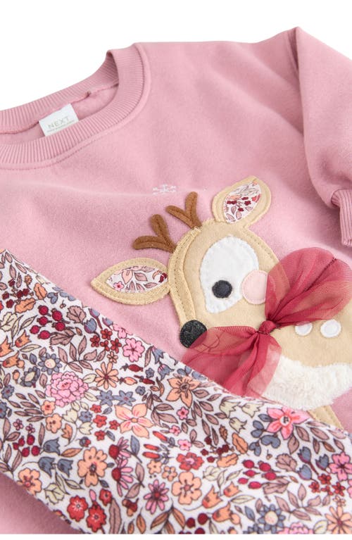 Next Kids' Reindeer Appliqué Graphic Sweatshirt & Floral Leggings Set In Brown