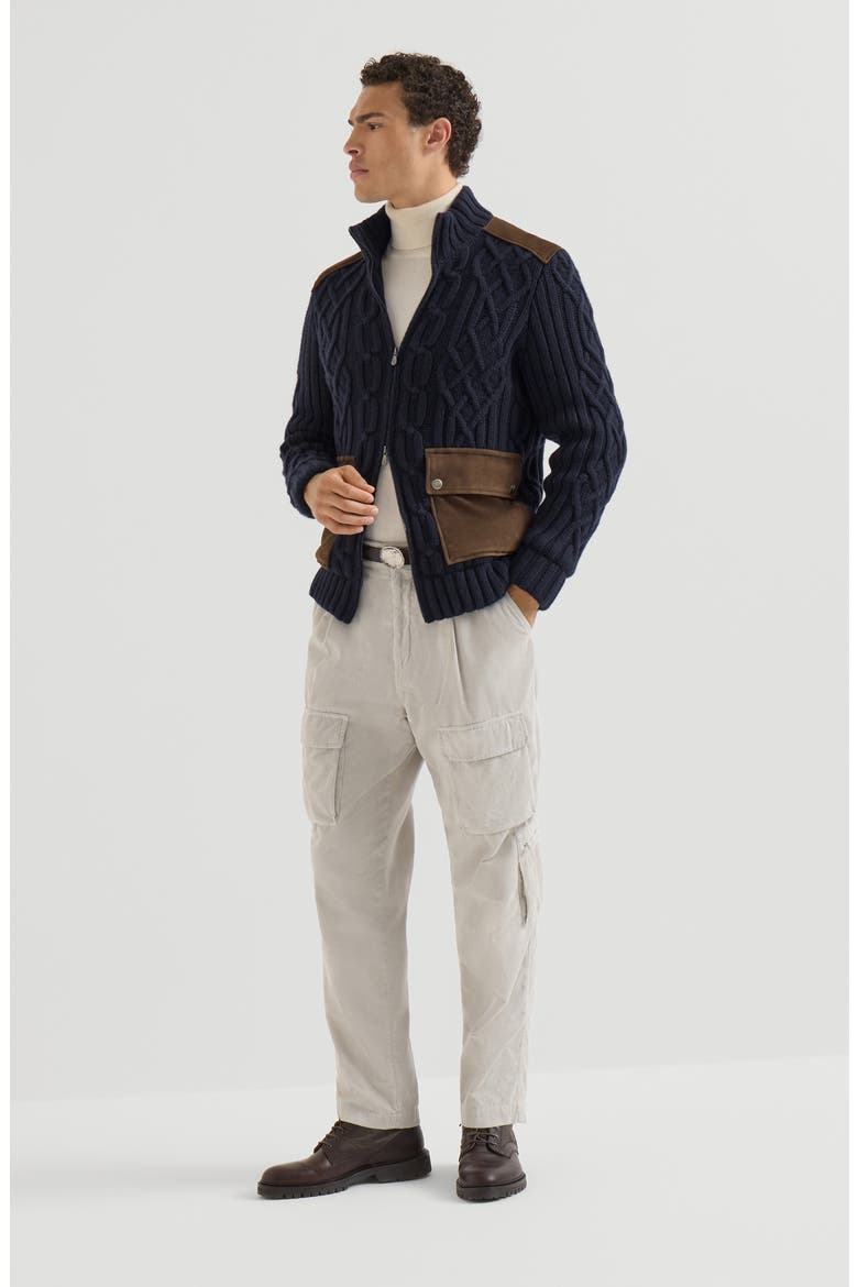 Cable knit cardigan in cashmere Feather yarn with suede inserts and zipper, Alternate, color, Navy Blue