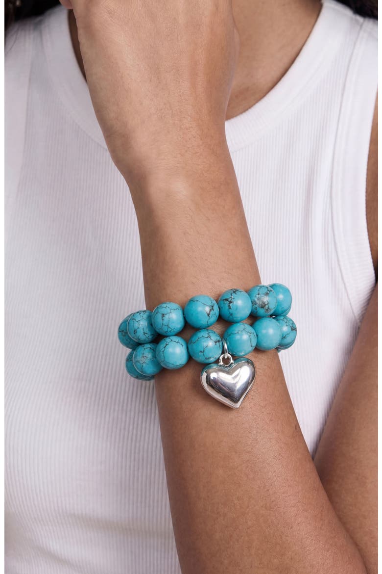 Luck & Love Stone Puffy Heart Stretch Bracelet, Alternate, color, TURQUOISE AND SILVER