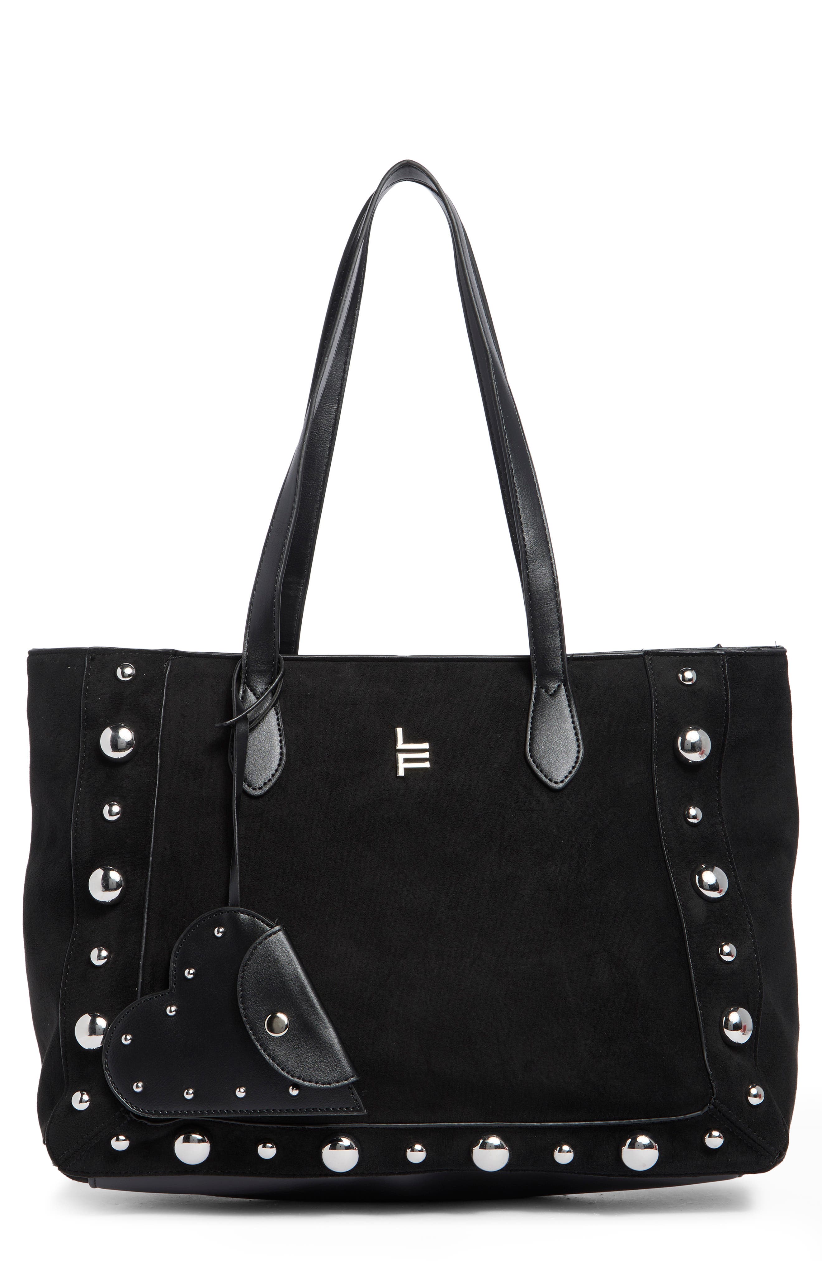 Faux Suede Studded Tote, Main, color, BLACK