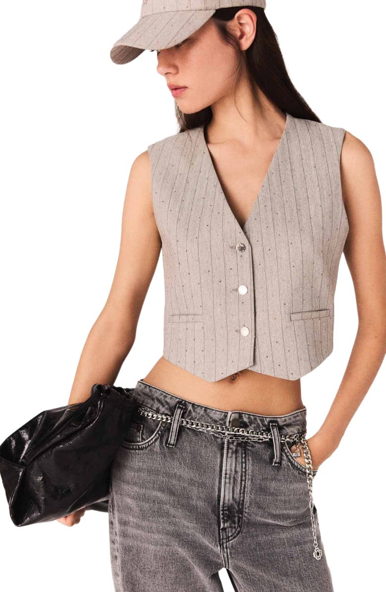 maje Rhinestone tailored vest, Main, color, Light Grey