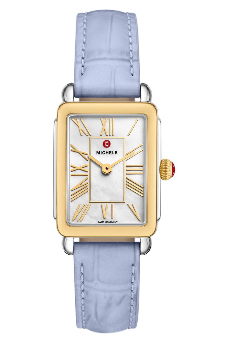 Deco Park Two-Tone Mother-of-Pearl Tank Leather Strap Watch, 23mm x 29mm, Main, color, BLUE