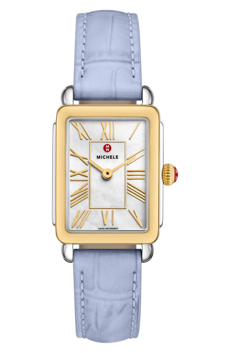 MICHELE Deco Park Two-Tone Mother-of-Pearl Tank Leather Strap Watch, 23mm x 29mm, Main, color, Blue