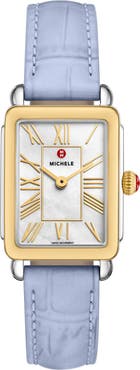MICHELE Deco Park Two-Tone Mother-of-Pearl Tank Leather Strap Watch, 23mm x 29mm