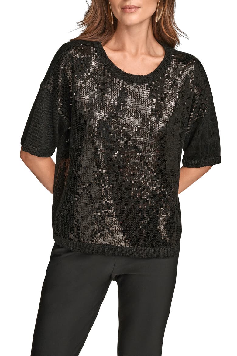 Short Sleeve Sequin Sweater, Main, color, BLACK