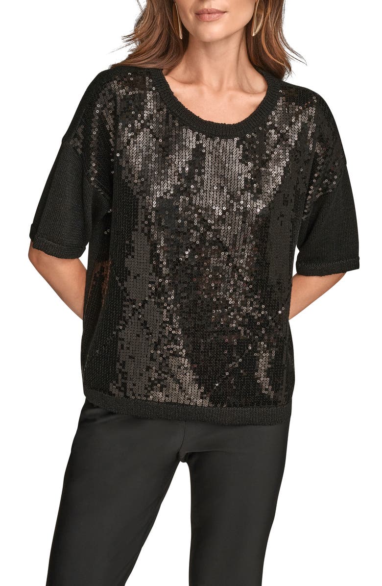 Donna Karan New York Short Sleeve Sequin Sweater, Main, color, Black