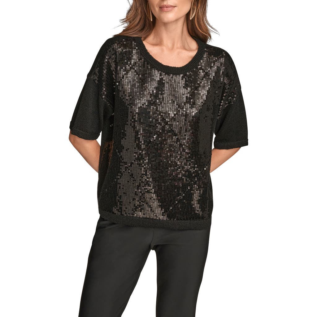 Donna Karan New York Short Sleeve Sequin Sweater In Animal Print