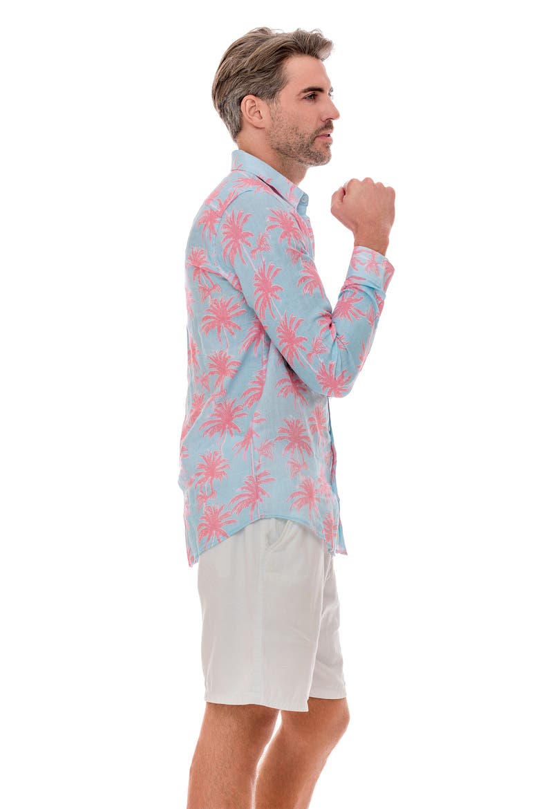 Linen Palm Button-Up Shirt, Alternate, color, TURQUOISE
