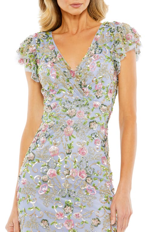 Mac Duggal Floral Embellished Flutter Cap Sleeve Dress In Slate Blue Multi