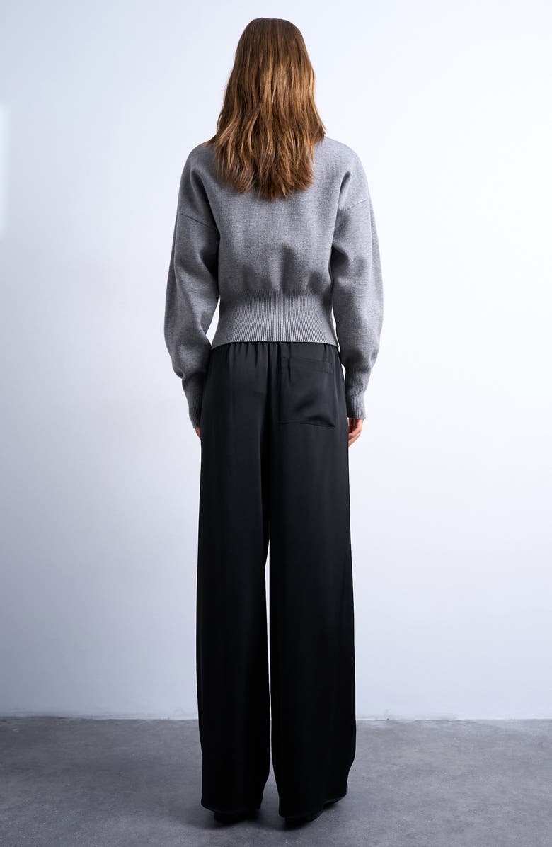 Topshop Satin Drawstring Wide Leg Pants, Alternate, color, Black