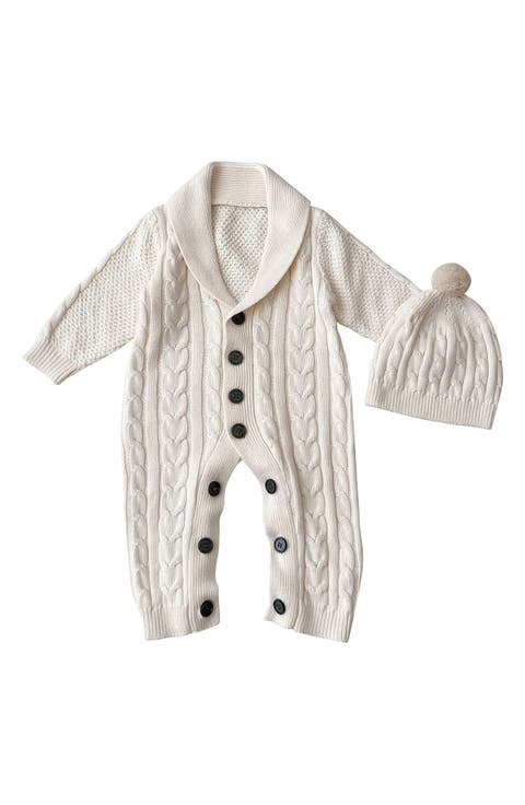 Rio Knit Cotton Romper & Pom Beanie Set (Baby)