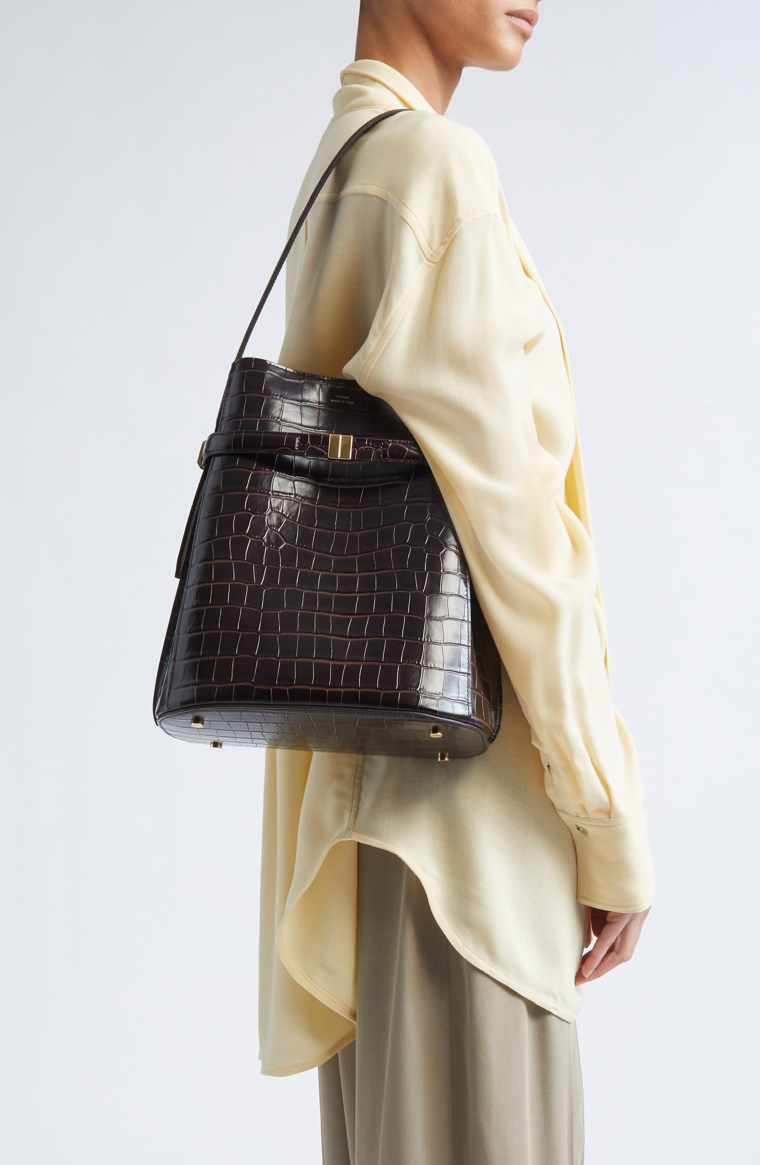 TOTEME Belted Croc Embossed Leather Bucket Bag, Alternate, color, Dark Brown