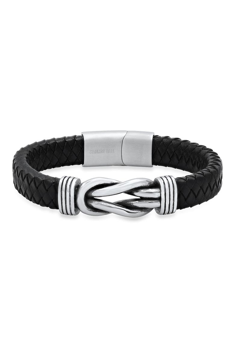 Stainless Steel Knot Charm Leather Braided Bracelet, Main, color, BLACK-METALLIC